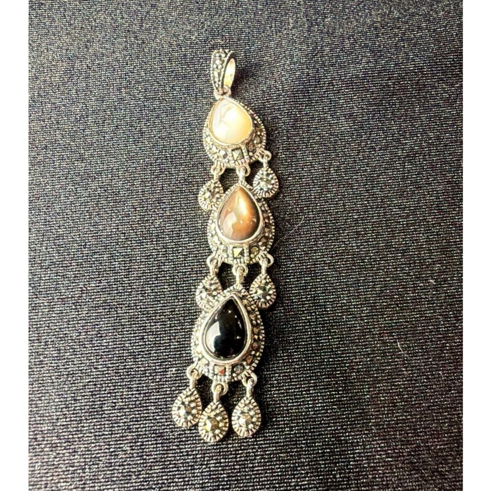 Vintage marcasite and multi-gemstone pendant, 925 sterling silver Thailand. - Picture 3 of 6